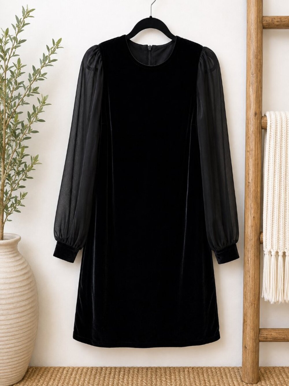 J.Crew Factory Black Velvet Sheer Sleeve Dress Size 10 NWT